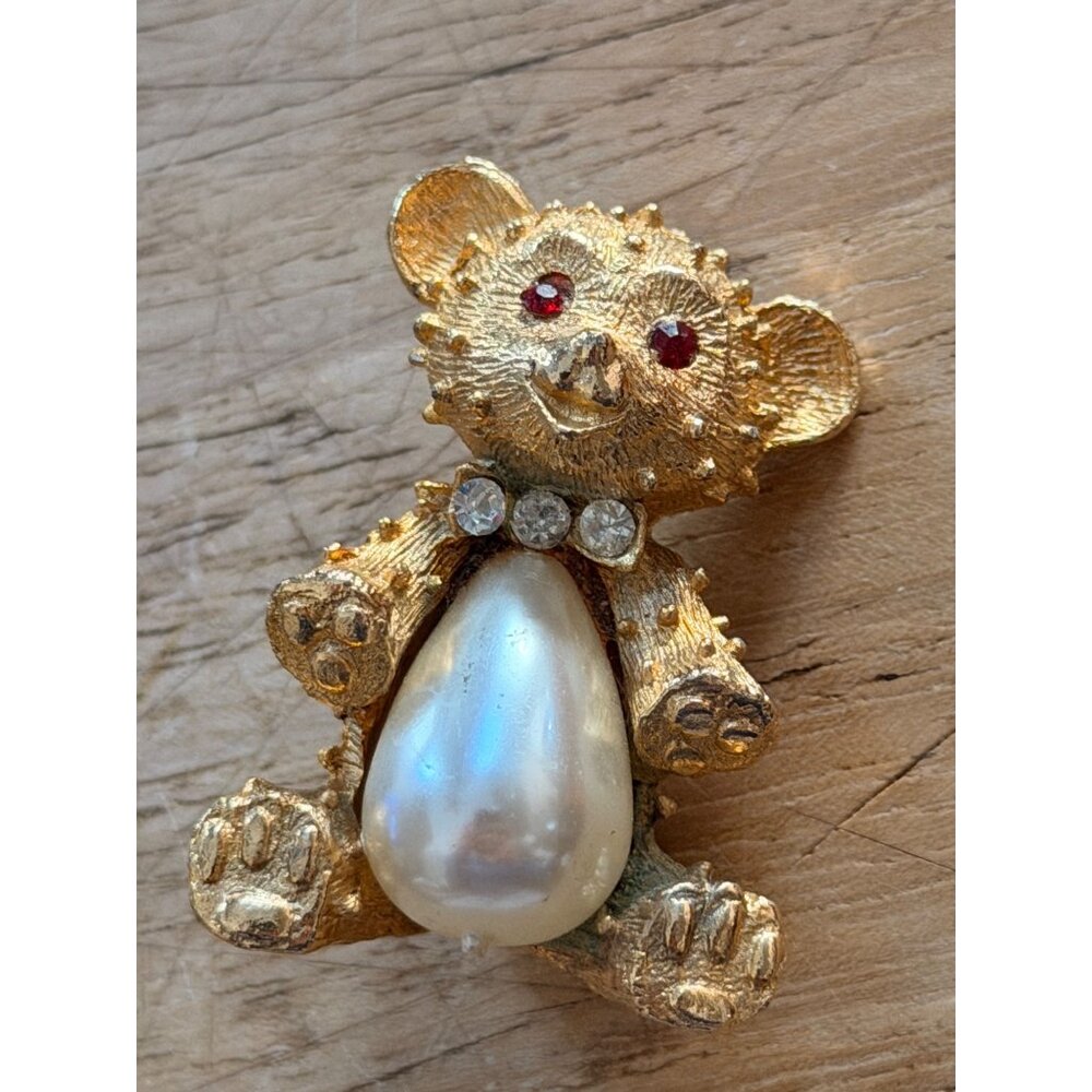 Vintage Gold-Tone Teddy Bear Brooch With Faux Pearl Belly & Rhinestone Accents